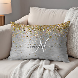 Faux Gold Silver Brushed Metal Glitter Monogram Accent Kussen