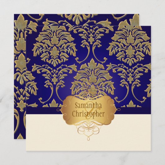 Faux gold/Silver Damask bruiloft-uitnodiging Kaart (Voorkant / Achterkant)