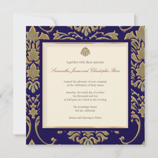 Faux gold/Silver Damask bruiloft-uitnodiging Kaart (Achterkant)