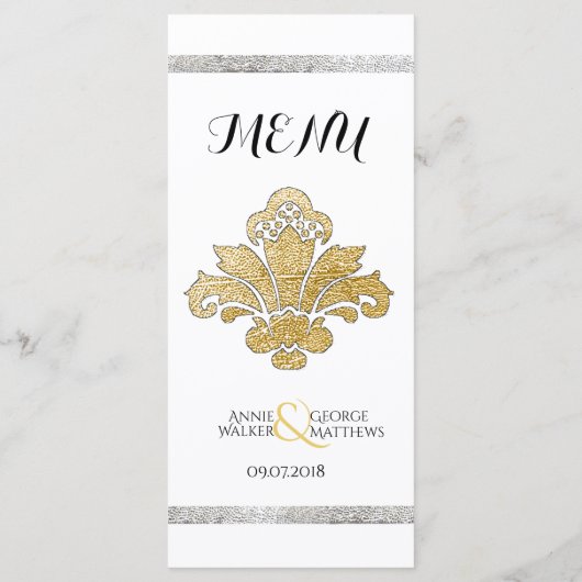 Faux Gold/Silver Damask Weddenmenu Black Menu (Achterkant)