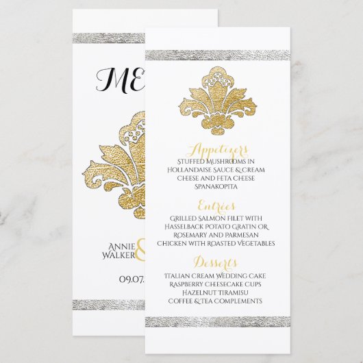 Faux Gold/Silver Damask Weddenmenu Black Menu (Voorkant / Achterkant)