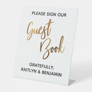 Faux Gold Simple Typography Guest Book Reclamebord Met Voetstuk