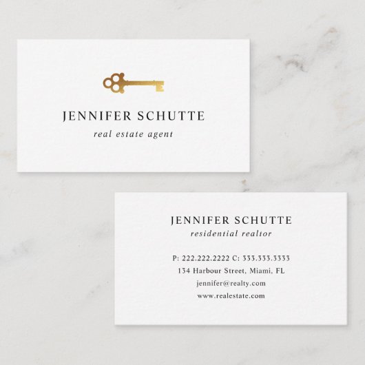 Faux Gold Skeleton Key Modern high-end onroerend g Visitekaartje (Voorkant / Achterkant)