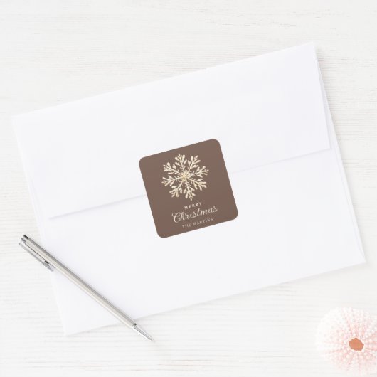 Faux Gold Snowflake Brown Custom Holiday Vierkante Sticker (Envelop)