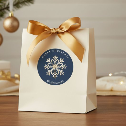 Faux Gold Snowflake Navy Blue Custom Holiday Ronde Sticker