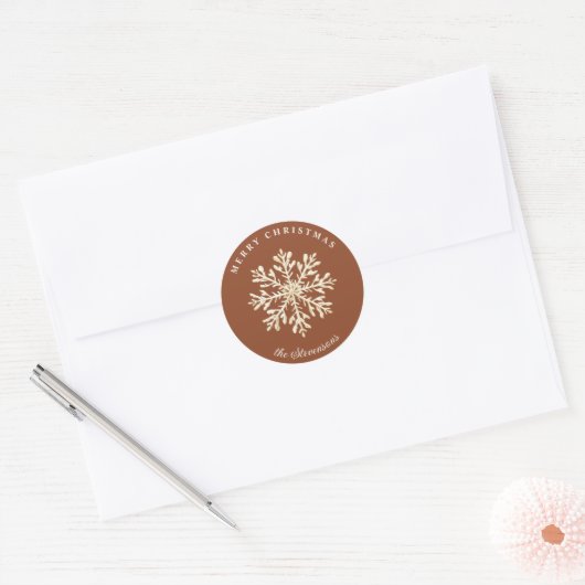 Faux Gold Snowflake Terracotta Custom Holiday Ronde Sticker (Envelop)
