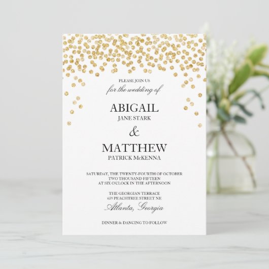 Faux Gold Sparkle Confetti bruiloft uitnodiging (Staand voorkant)