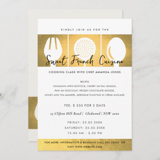 FAUX GOLD SPOON FORK COOKERY CLASS INVITE SJABLOON KAART (Voorkant / Achterkant)