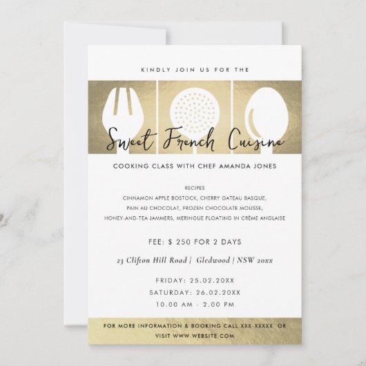 FAUX GOLD SPOON FORK COOKERY CLASS INVITE SJABLOON KAART (Voorkant)