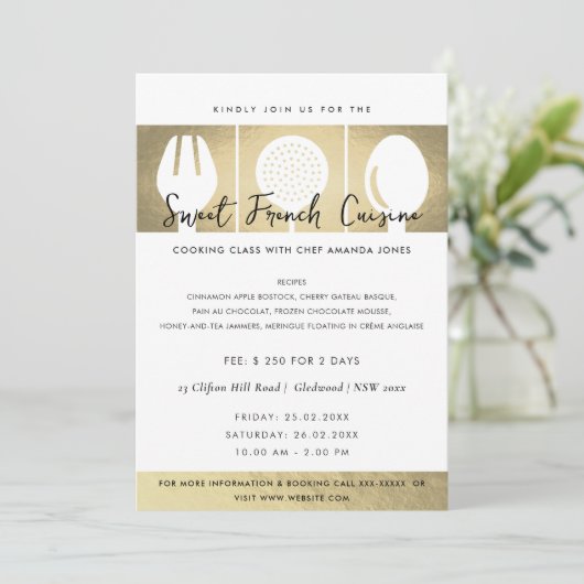 FAUX GOLD SPOON FORK COOKERY CLASS INVITE SJABLOON KAART (Staand voorkant)