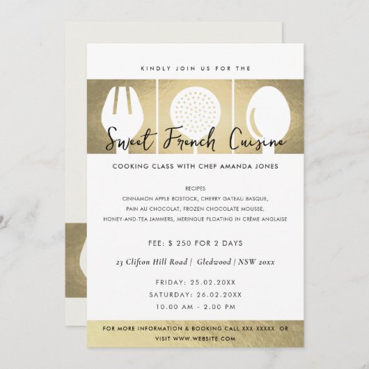 FAUX GOLD SPOON FORK COOKERY CLASS INVITE SJABLOON KAART (Voorkant / Achterkant)