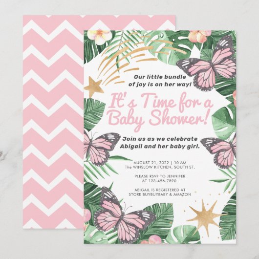 Faux Gold Star en roze Butterfly Girl Baby shower Kaart (Voorkant / Achterkant)