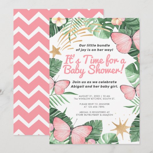 Faux Gold Star en roze Butterfly Girl Baby shower Kaart (Voorkant / Achterkant)