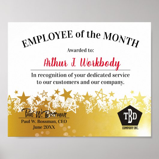 Faux gold stars employee of the month certificate poster (Voorkant)