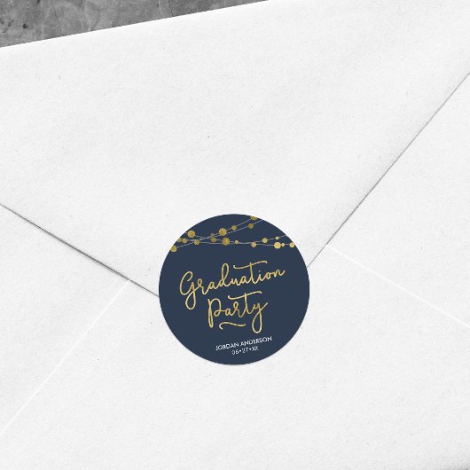 Faux Gold Strings of Lights Blue Graduation Party Ronde Sticker