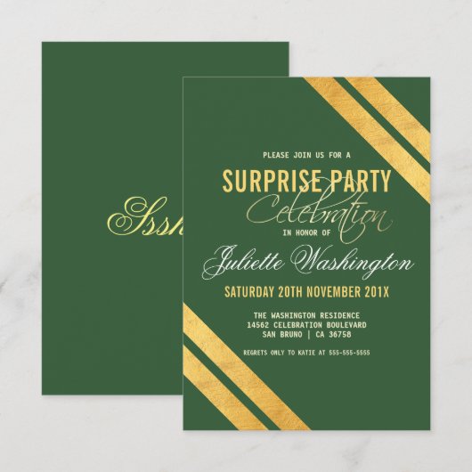 Faux Gold Strip Dark Green Surprise Birthday Party Kaart (Voorkant / Achterkant)