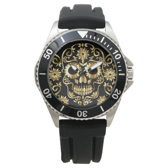 Faux Gold Sugar Skull Print Horloge (Voorkant)