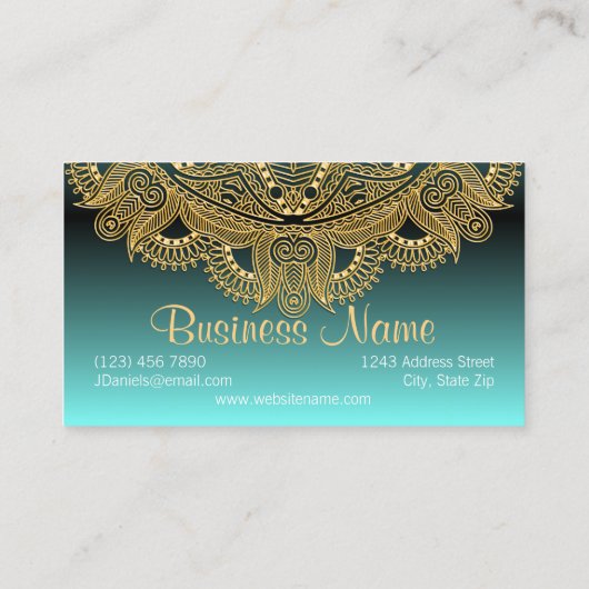 Faux Gold Trendy Mandala Motif over Blauwgroen bla Visitekaartje (Achterkant)