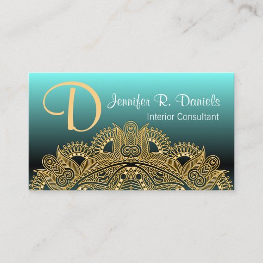 Faux Gold Trendy Mandala Motif over Blauwgroen bla Visitekaartje (Voorkant)