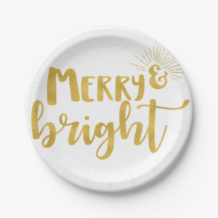 Faux Gold Typografie Merry en Bright Kerstmis Papieren Bordje