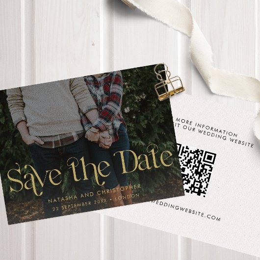 Faux Gold Typografie QR Code Foto Save The Date