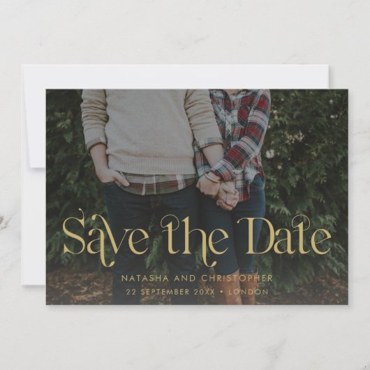 Faux Gold Typography Overlay Horizontal Photo Save The Date (Voorkant)