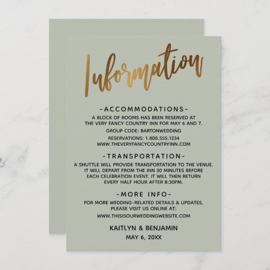 Faux Gold Typography Sage Weddending Information Informatiekaartje (Voorkant / Achterkant)