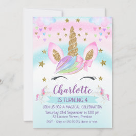 faux Gold Unicorn Rainbow 1st Birthday Uitnodiging