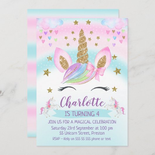 faux Gold Unicorn Rainbow 1st Birthday Uitnodiging (Voorkant / Achterkant)