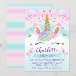 faux Gold Unicorn Rainbow 1st Birthday Uitnodiging