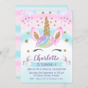 faux Gold Unicorn Rainbow 1st Birthday Uitnodiging