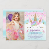 Faux Gold Unicorn Rainbow Foto Birthday Kaart (Voorkant / Achterkant)