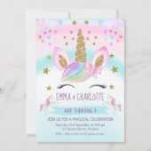 faux Gold Unicorn Rainbow Twins Joint Birthday Kaart (Voorkant)