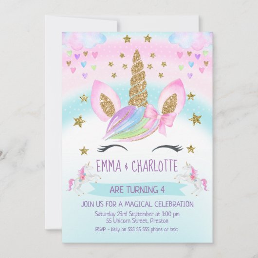 faux Gold Unicorn Rainbow Twins Joint Birthday Kaart (Voorkant)