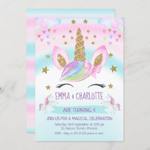 faux Gold Unicorn Rainbow Twins Joint Birthday Kaart