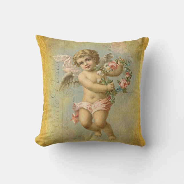 Faux Gold, Valentijn Cherub op blauwe achtergrond Kussen (Voorkant)