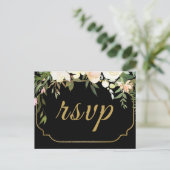 Faux Gold Waterverf Floral Black Wedding RSVP Briefkaart (Staand voorkant)