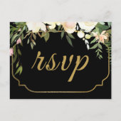 Faux Gold Waterverf Floral Black Wedding RSVP Briefkaart (Voorkant)
