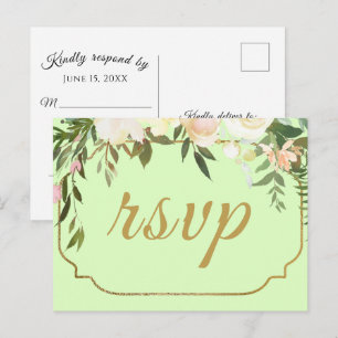 Faux Gold Waterverf Floral Green Wedding RSVP Briefkaart