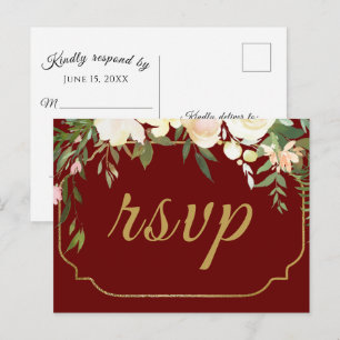 Faux Gold Waterverf Floral Red Wedding RSVP Briefkaart