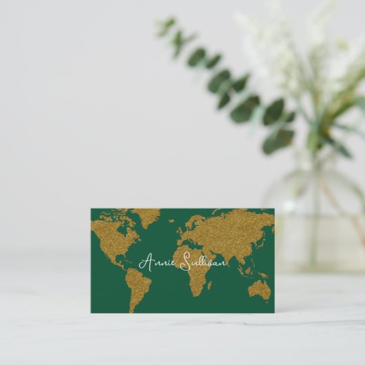 Faux Gold Wereldkaart Reisbureau Emerald Green Visitekaartje (Staand voorkant)