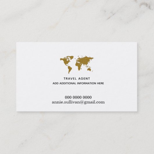 Faux Gold Wereldkaart Travel Agent (op wit) Visitekaartje (Achterkant)