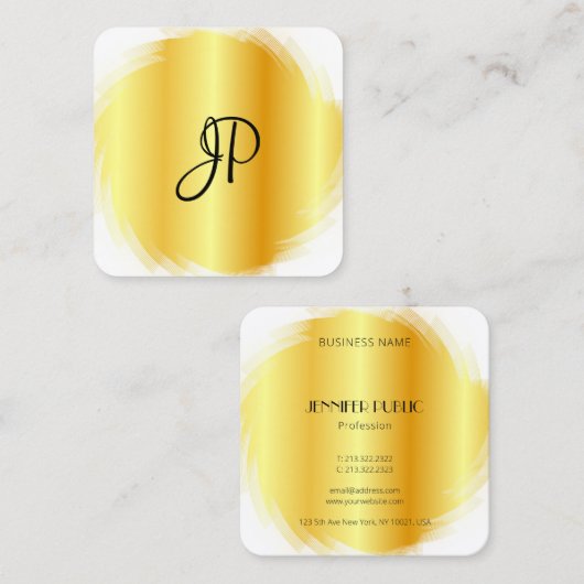 Faux Gold White Modern Elegant Monogram Sjabloon Vierkante Visitekaartje (Voorkant / Achterkant)
