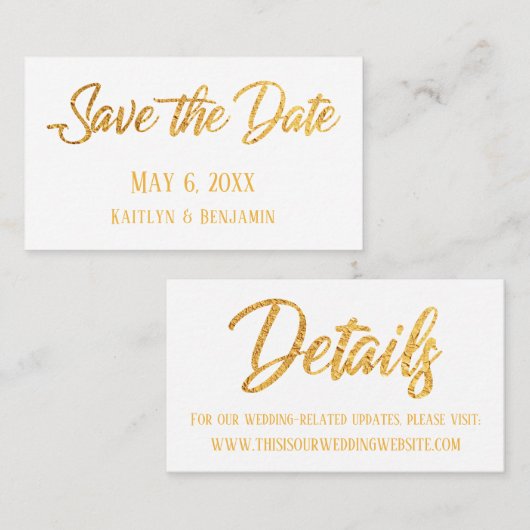 Faux Gold, White, Save the Date & Wedding Detail Visitekaartje (Voorkant / Achterkant)