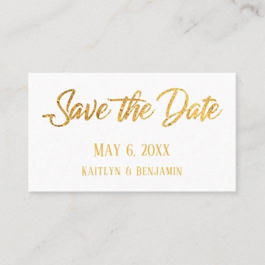 Faux Gold, White, Save the Date & Wedding Detail Visitekaartje (Voorkant)