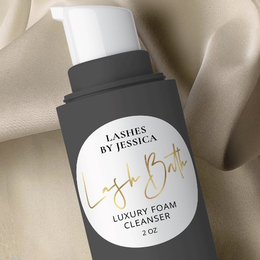 Faux Gold & White Script Logo Lash Bath Cleanser Ronde Sticker