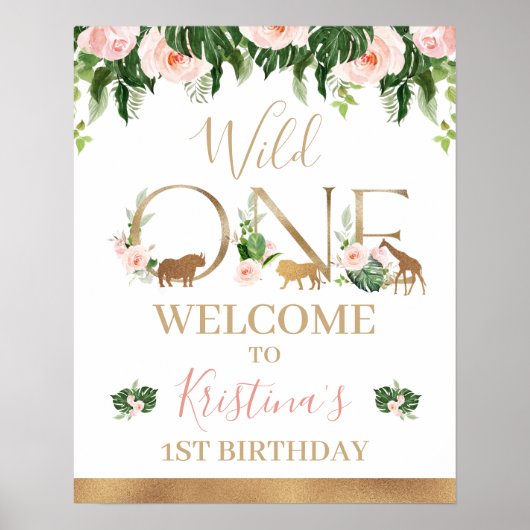 Faux Gold Wild One Floral Safari Welkom Poster (Voorkant)
