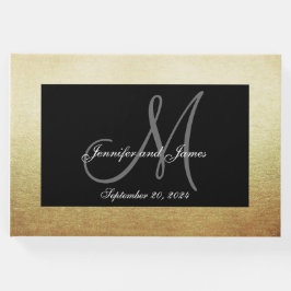 Faux Gold Zwart Elegant Monogram Fotobruiloft Gastenboek