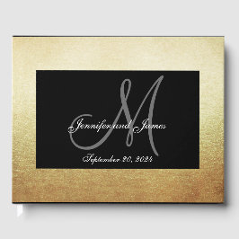 Faux Gold Zwart Elegant Monogram Fotobruiloft Gastenboek