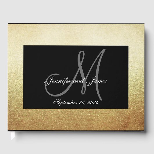 Faux Gold Zwart Elegant Monogram Fotobruiloft Gastenboek (Voorkant)